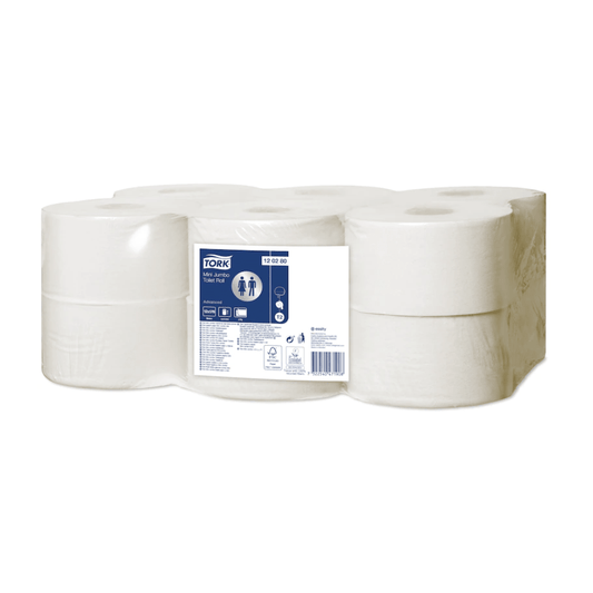 A picture shows a package containing eight white rolls of toilet paper; the packaging clearly displays the brand name "Tork" and highlights the Advanced T2 quality. The product details confirm that this is Mini Jumbo 2-ply toilet paper.