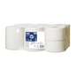 An image shows a package with eight white toilet paper rolls, whose packaging clearly displays the brand name Tork and highlights the Advanced T2 quality. The product details confirm that it is Mini Jumbo 2-ply toilet paper.