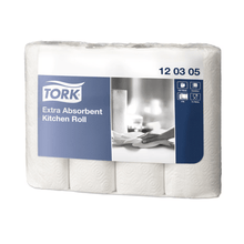 A box of Tork 120305 extra absorbent kitchen roll Premium 3-ply, manufactured by TORK – Essity Professional Hygiene Germany GmbH, contains 48 rolls. The predominantly white packaging with blue highlights features a product image, a logo, and usage symbols. The label "120305" emphasizes the extra absorbent design.