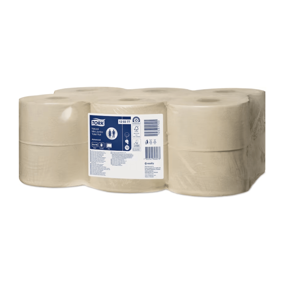 A carton with 12 rolls of Tork 120377 Nature Mini Jumbo Toilet Paper Advanced T2, packed in transparent plastic and labeled with a blue and white label with product symbols, is made from recycled fibers. As part of the Essity Professional Hygiene Germany GmbH brand, this toilet paper is compatible with Tork dispensers and offers practical toilet solutions.