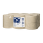 A carton with 12 rolls of Tork 120377 Nature Mini Jumbo Toilet Paper Advanced T2, packed in transparent plastic and labeled with a blue and white label with product symbols, is made from recycled fibers. As part of the Essity Professional Hygiene Germany GmbH brand, this toilet paper is compatible with Tork dispensers and offers practical toilet solutions.