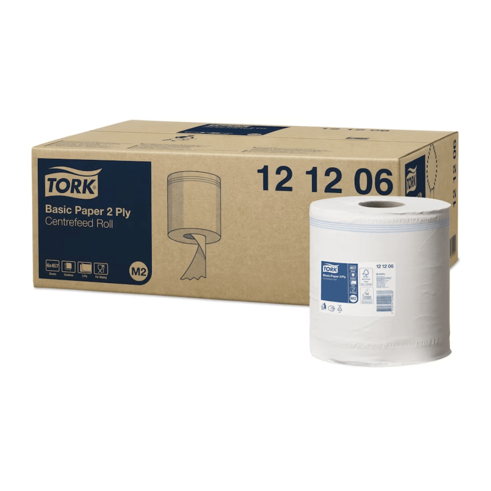 A large box labeled “Tork 121206 Standard Paper Towels Universal M2 2-ply | Box (6 rolls)” from TORK – Essity Professional Hygiene Germany GmbH stands next to a single white paper roll. The packaging displays product details, shows an image of a roll, and highlights the two-ply design of the Universal M2 for versatile cleaning needs.