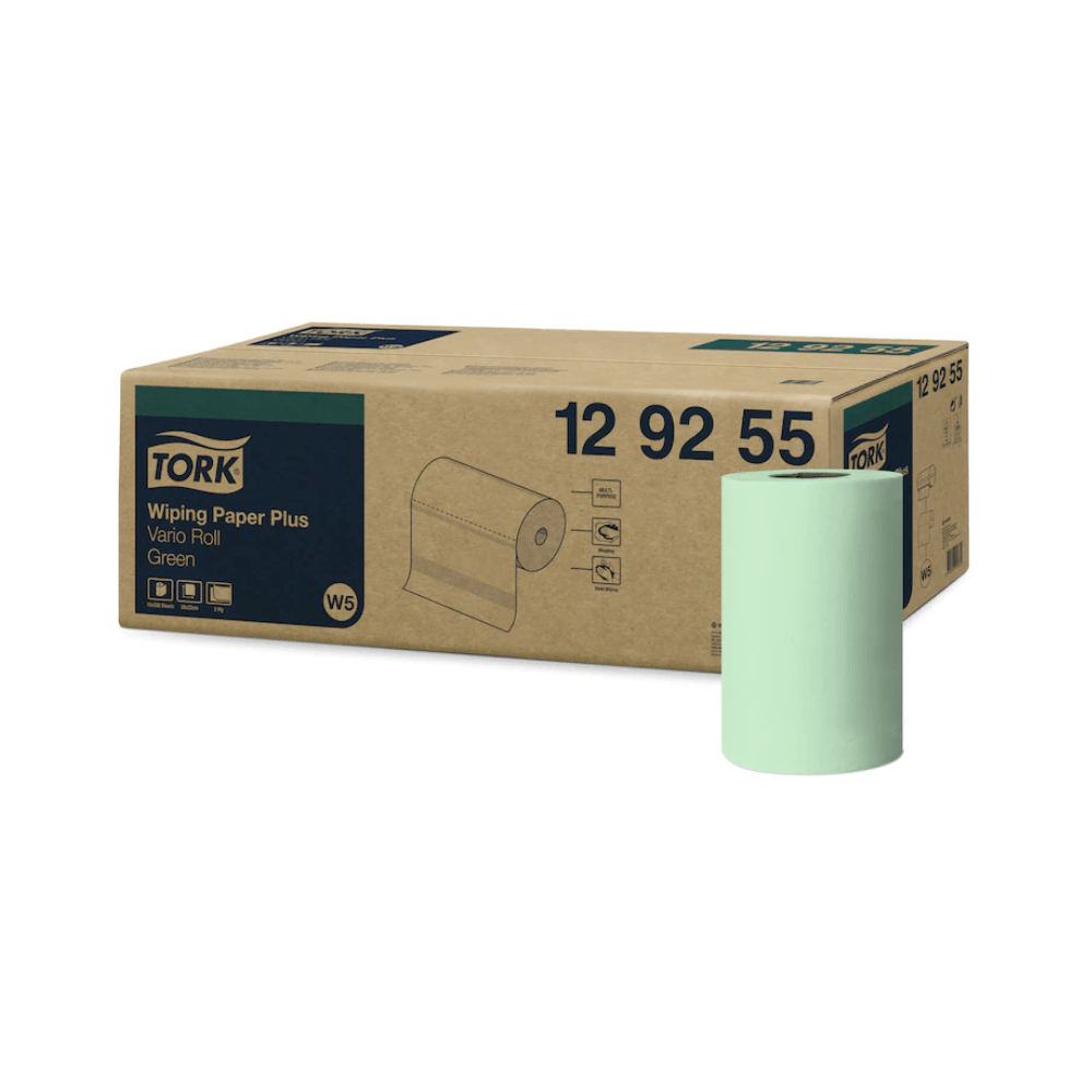 A box labeled “Tork 129255 Strong Multipurpose Paper Wipers Advanced W5 2-ply” from TORK – Essity Professional Hygiene Germany GmbH is displayed next to a light green roll of absorbent high-performance paper. Symbols can be seen on the box indicating the use and specifications of the Tork multipurpose wipers.