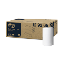 Shown is a large box with the label "Tork 129265 Standard Paper Towels Universal W5 2-ply" from TORK – Essity Professional Hygiene Germany GmbH. Next to it is a single white roll, known for its high absorbency and offering a cost-effective solution for everyday needs.