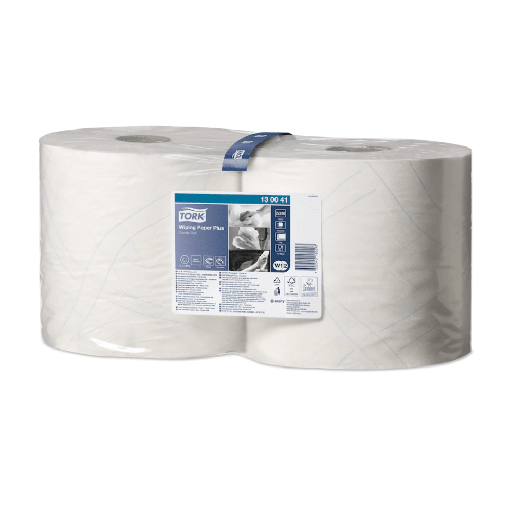 A package containing two large rolls of Tork 130041 Strong Multipurpose Paper Wipes Premium, partially wrapped in transparent plastic. The label displays product details and trademarks in a blue-white color scheme. These QuickDry™ wipes are compatible with Tork dispensers and are easy to use.