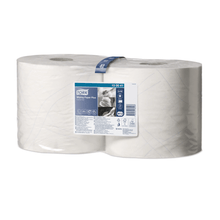 A package containing two large rolls of Tork 130041 Strong Multipurpose Paper Wipes Premium, partially wrapped in transparent plastic. The label displays product details and trademarks in a blue-white color scheme. These QuickDry™ wipes are compatible with Tork dispensers and are easy to use.