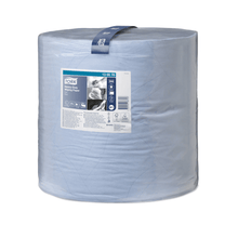 A large roll of Tork extra-strong multipurpose paper towels Premium W1 2-ply from Essity Professional Hygiene Germany GmbH features a label on the front with product information and illustrative application images. With high absorbency, including a practical carrying strap.