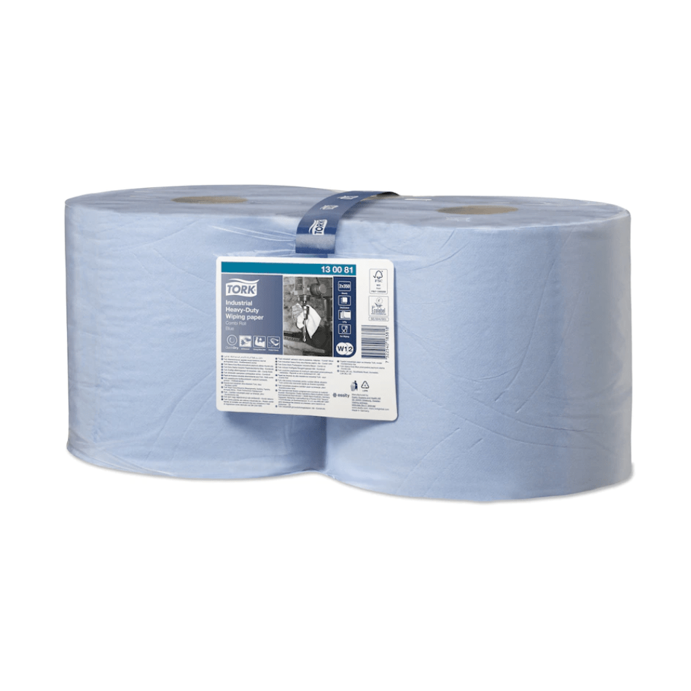 Two large rolls of Tork 130081 extra-strong industrial paper wipes Premium, packaged in transparent plastic, are ideal for removing oil, grease, and lubricants. The label contains product information, including the brand TORK – Essity Professional Hygiene Germany GmbH and detailed specifications. These wipes are suitable for use with Tork Maxi internal roll dispenser systems.