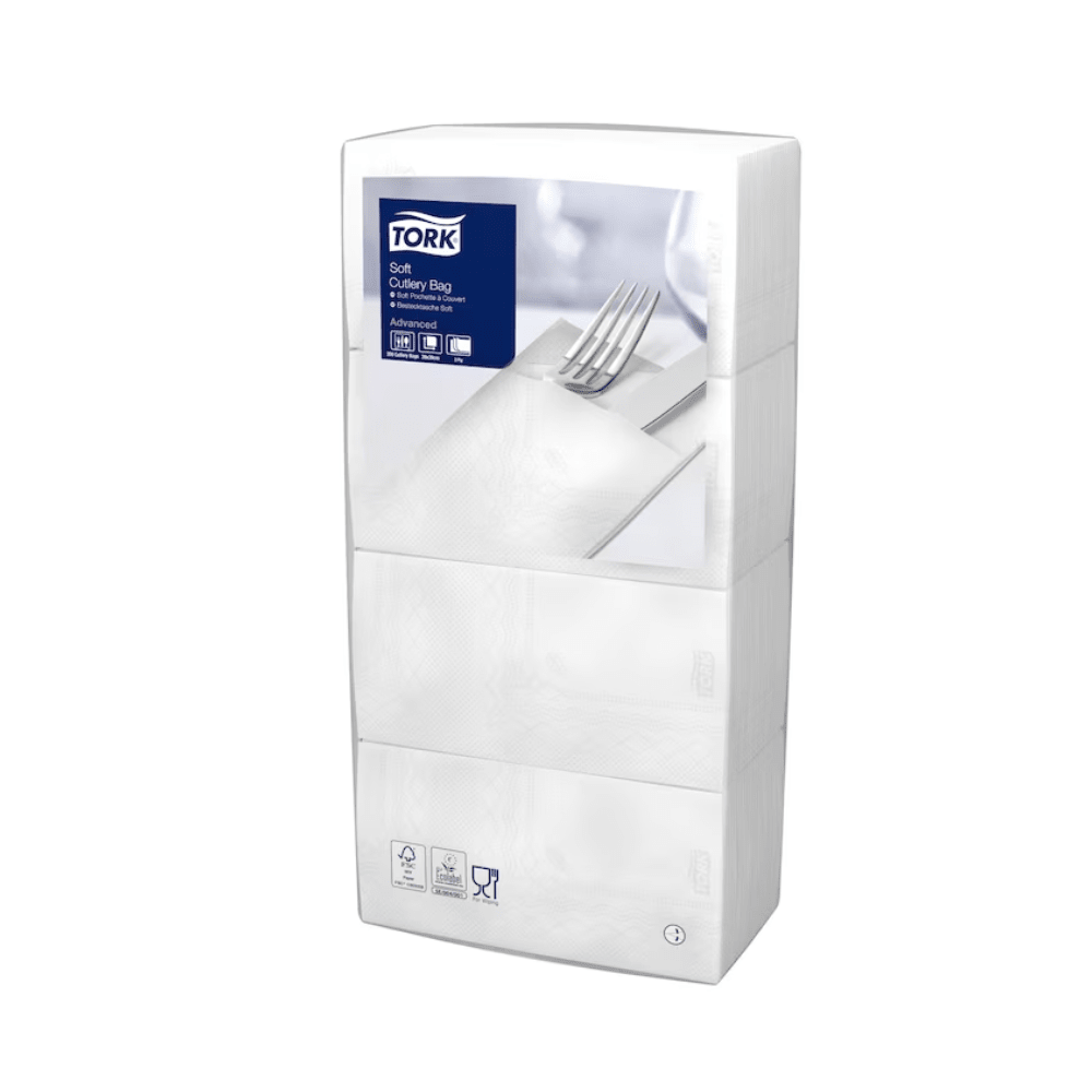 Pictured is a package of Tork 13662 Tork Soft Guten Appetit Cutlery Bag | Carton (6 packs), predominantly in white packaging with a blue label at the top. It shows the image of a paper napkin folded around a fork, made from high-quality three-ply paper. The brand is TORK - Essity Professional Hygiene Germany GmbH.
