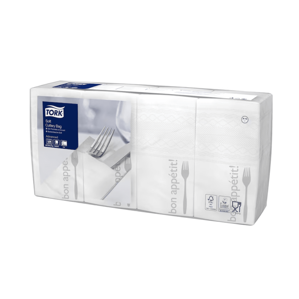 The Tork 13662 Soft Guten Appetit Cutlery Bag from the renowned TORK - Essity Professional Hygiene Germany GmbH features an adorable fork graphic with the text "Guten Appetit!". The packaging contains blue and white brand elements, recycling symbols, and conveniently includes a paper napkin.