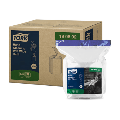 A carton with four packs of Tork 190692 Moist Hand Cleaning Wipes Refill Premium W14 1-ply from the brand TORK – Essity Professional Hygiene Germany GmbH features a green-blue design with product details. The plastic refill pack shows a black-and-white image of cleaned hands and is perfect for efficiently removing oil and dirt.
