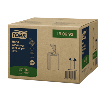 Carton packaging Tork 190692 Moist Hand Cleaning Wipes Refill Premium W14 1-ply from TORK - Essity Professional Hygiene Germany GmbH | Carton (4 packs). The box features a simple line drawing of a wet wipe dispenser and contains product details such as size and quantity. Ideal for removing oil and dirt, the barcode and orientation arrows are clearly visible.