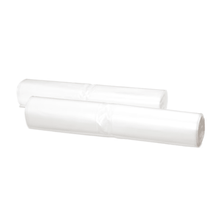 Two rolls of transparent Tork 204060 trash bags made from recycled material are placed side by side against a simple white background.