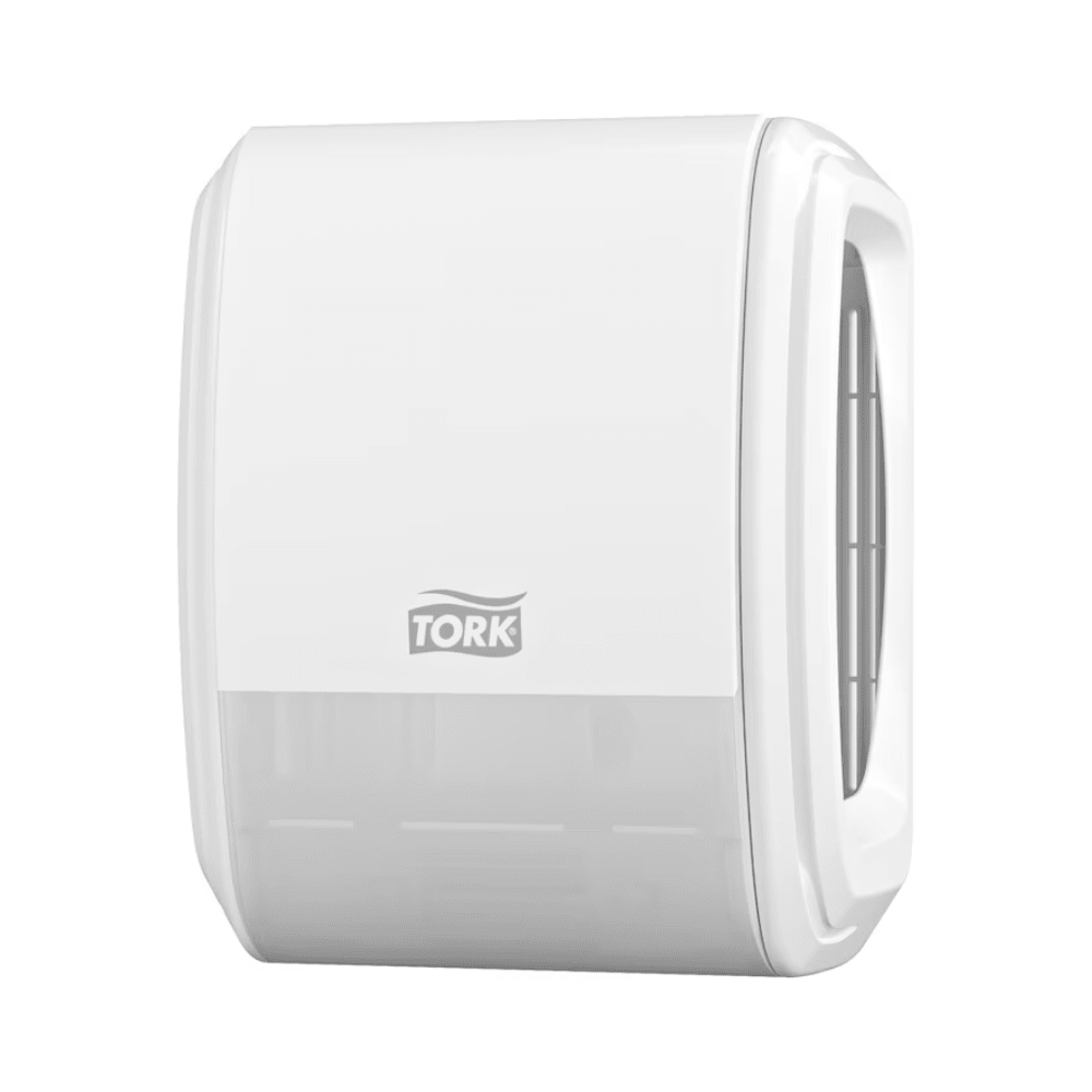We present the Tork 256010 paper towel dispenser from Essity Professional Hygiene Germany GmbH. This wall-mountable device has a white exterior with a transparent lower section for quick access to paper towels, complemented by the TORK logo prominently displayed on the front. Designed to enhance your space experience with its minimalist and functional aesthetic.