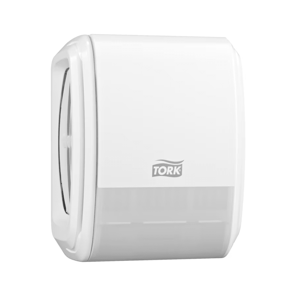 A Tork 256010 dispenser for continuous air freshener with nebulization technology for a refreshing touch is mounted on the wall. Its sleek design includes a semi-transparent bottom that shows the roll inside, while the Tork logo is prominently displayed in the center to enhance your restroom experience.