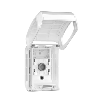 A Tork 256010 dispenser for continuous air freshener, designed by TORK – Essity Professional Hygiene Germany GmbH, stands against a white background. This outdoor outlet features a single socket and an open protective cover with a transparent lid to ensure safety in exposed environments, and seamlessly integrates into continuous air freshening systems.