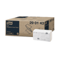 A box of Tork 290143 soft zigzag towels Advanced H3 2-ply is displayed next to an open package with a leaf design. The box with the model number 29 01 43 features a blue-beige color scheme that ideally matches the Advanced H3 Tork dispenser setup.