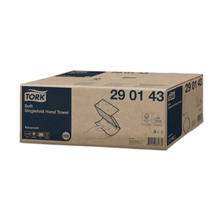 A carton of Tork 290143 soft zigzag towels Advanced H3 2-ply is predominantly packaged in brown with blue accents. It highlights features such as Advanced H3 compatibility and displays product details, including the item number 290143 and symbols for its certifications, making it ideal for use with a Tork dispenser. The product is by TORK – Essity Professional Hygiene Germany GmbH and includes 15 packs per carton.