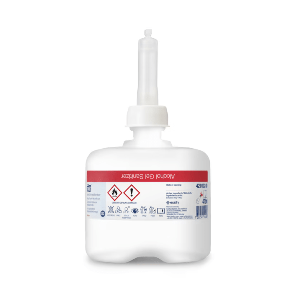 A white bottle of Tork 420102 Mini Hand Sanitizer Gel from TORK – Essity Professional Hygiene Germany GmbH, with a red label featuring safety symbols and a long nozzle on top. The label contains instructions for surgical hand disinfection with 80% denatured alcohol.