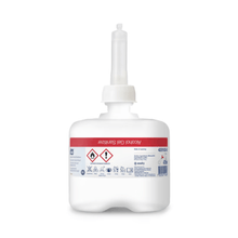 A white bottle of Tork 420102 Mini Hand Sanitizer Gel from TORK – Essity Professional Hygiene Germany GmbH, with a red label featuring safety symbols and a long nozzle on top. The label contains instructions for surgical hand disinfection with 80% denatured alcohol.