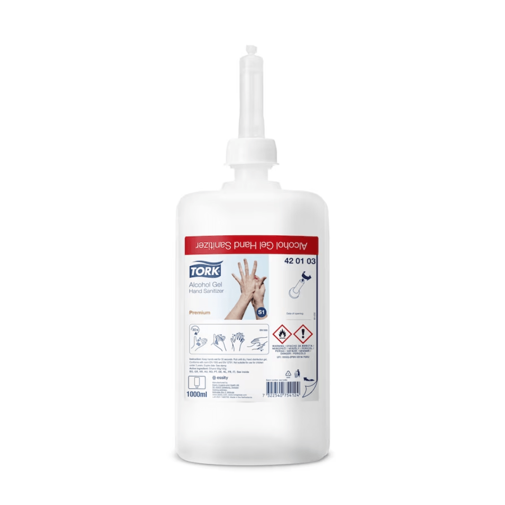 This plastic bottle Tork 420103 hand sanitizer gel premium features a pump dispenser and clearly shows its premium quality. The 1000 ml label includes application instructions, safety symbols, and a hand diagram highlighting the effectiveness with 80% ethanol. The product is offered by TORK – Essity Professional Hygiene Germany GmbH and is available in a carton containing six bottles.