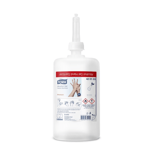 This Tork 420103 Premium Hand Sanitizer Gel plastic bottle features a pump dispenser and clearly demonstrates its premium quality. The label on the 1,000-ml bottle includes usage instructions, safety symbols, and a diagram of a hand highlighting its effectiveness with 80% denatured alcohol. The product is offered by TORK – Essity Professional Hygiene Germany GmbH and is available in a carton of six bottles.