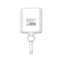 Pictured is a white rectangular container with a bottom nozzle, displaying text and a barcode. This Tork 420202 Sensitive Moisturizing Hand Sanitizer Premium from TORK – Essity Professional Hygiene Germany GmbH is ideal for distributing moisturizing hand sanitizer gel and effectively combats pathogens.