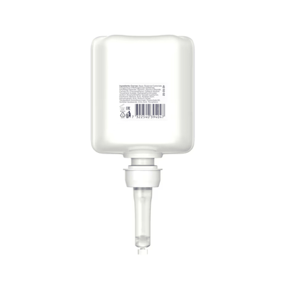 Pictured is a white rectangular container with a bottom nozzle, displaying text and a barcode. This Tork 420202 Sensitive Moisturizing Hand Sanitizer Premium from TORK – Essity Professional Hygiene Germany GmbH is ideal for distributing moisturizing hand sanitizer gel and effectively combats pathogens.