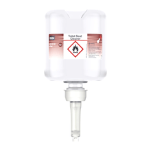 The Tork 420302 Toilet Seat Cleaner Premium, delivered in a carton with eight bottles and manufactured by TORK – Essity Professional Hygiene Germany GmbH, promotes hygiene by preventing cross-contaminations. The transparent dispenser bottle includes instructions and features a bottom nozzle for easy application. Additionally, it is marked with a warning symbol for flammable substances for safety reasons.
