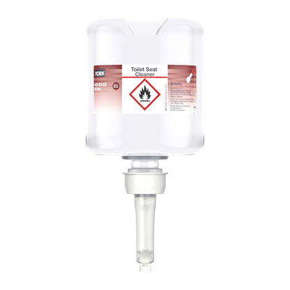 The Tork 420302 Toilet Seat Cleaner Premium, delivered in a carton with eight bottles and manufactured by TORK – Essity Professional Hygiene Germany GmbH, promotes hygiene by preventing cross-contaminations. The transparent dispenser bottle includes instructions and features a bottom nozzle for easy application. Additionally, it is marked with a warning symbol for flammable substances for safety reasons.