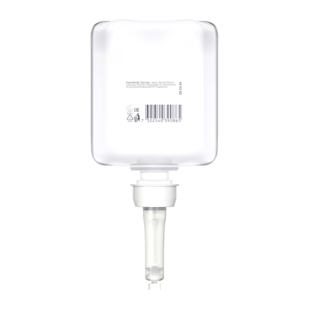 The Tork 420302 Toilet Seat Cleaner Premium from TORK – Essity Professional Hygiene Germany GmbH is equipped with a transparent, rectangular bottle that has a pump nozzle at the bottom to ensure optimal hygiene. Each bottle contains a barcode and a text label with detailed ingredients and instructions for use, effectively preventing cross-contaminations with each use.