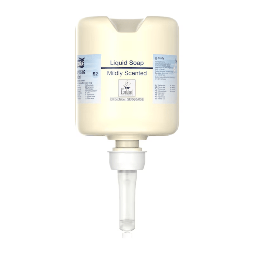 A beige donor container labeled "Tork 420502 Mini Liquid Soap, Mild-Scented" with a volume of 475 ml features a convenient pump. This product from TORK – Essity Professional Hygiene Germany GmbH is designed for excellent hand hygiene and is marked with various labels and logos, including an "Ecolabel" that promotes environmentally friendly skincare.
