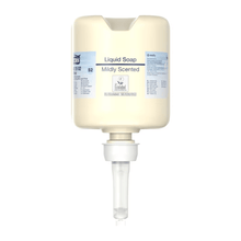 A beige donor container labeled "Tork 420502 Mini Liquid Soap, Mild-Scented" with a volume of 475 ml features a convenient pump. This product from TORK – Essity Professional Hygiene Germany GmbH is designed for excellent hand hygiene and is marked with various labels and logos, including an "Ecolabel" that promotes environmentally friendly skincare.