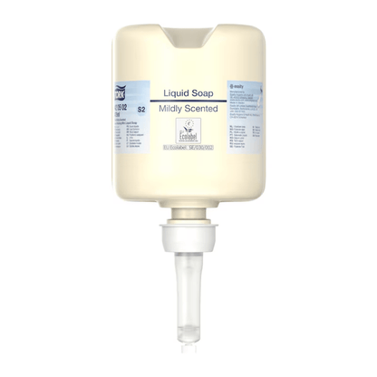 A beige donor container labeled "Tork 420502 Mini Liquid Soap, Mild-Scented" with a volume of 475 ml features a convenient pump. This product from TORK – Essity Professional Hygiene Germany GmbH is designed for excellent hand hygiene and is marked with various labels and logos, including an "Ecolabel" that promotes environmentally friendly skincare.