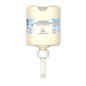 A beige donor container labeled "Tork 420502 Mini Liquid Soap, Mild-Scented" with a volume of 475 ml features a convenient pump. This product from TORK – Essity Professional Hygiene Germany GmbH is designed for excellent hand hygiene and is marked with various labels and logos, including an "Ecolabel" that promotes environmentally friendly skincare.