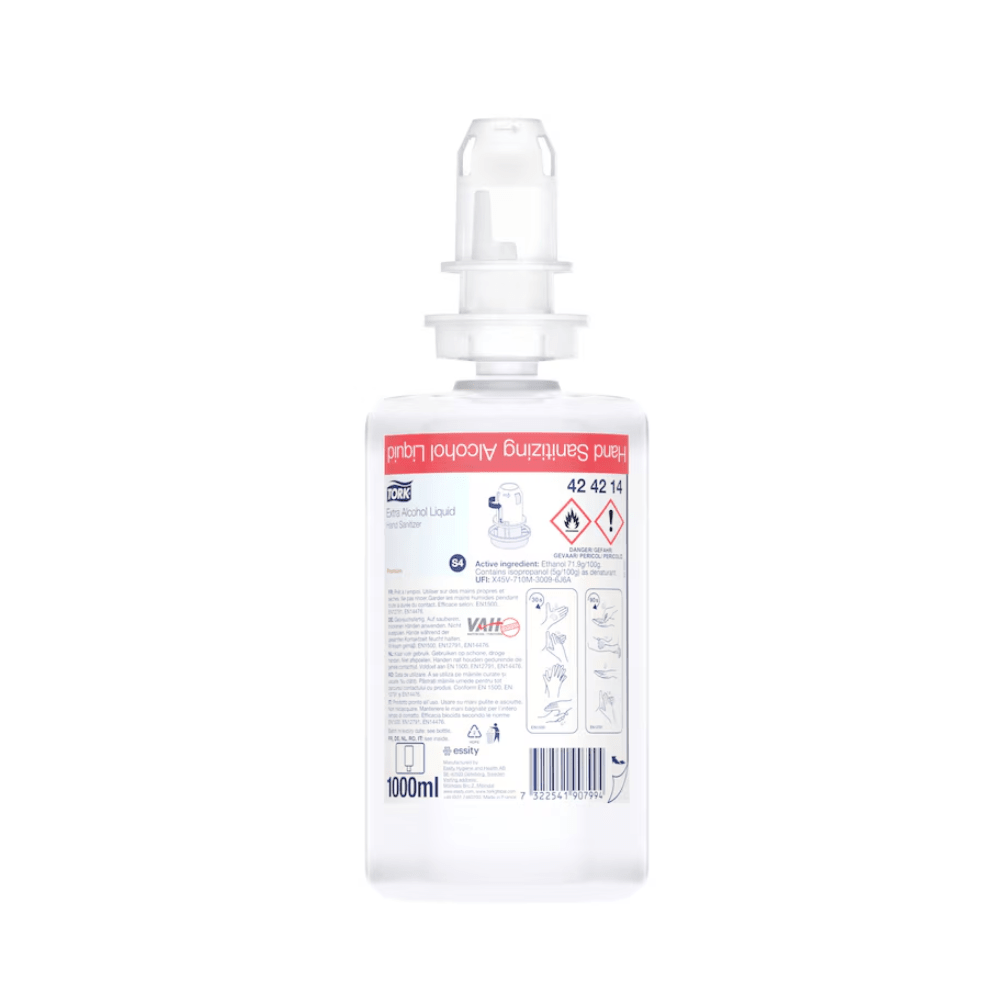 A 1000 ml clear plastic bottle of Tork 424214 Extra Disinfecting Hand Sanitizer from TORK – Essity Professional Hygiene Germany GmbH, equipped with a pump dispenser. The label shows safety symbols, instructions for use with illustrations, and multilingual text to maintain skin protection function.