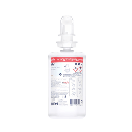 A 1000 ml clear plastic bottle of Tork 424214 Extra Disinfecting Hand Sanitizer by TORK – Essity Professional Hygiene Germany GmbH, equipped with a pump dispenser. The label features safety symbols, instructions for use with illustrations, and multilingual text on maintaining the skin’s protective function.
