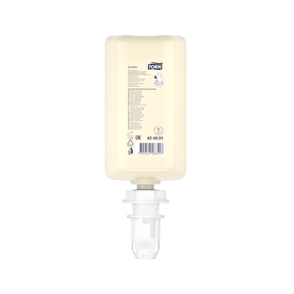 The Tork 424501 liquid soap, mildly scented from TORK – Essity Professional Hygiene Germany GmbH is a rectangular soap dispenser made of transparent plastic with a white pump nozzle and a multilingual label with product information. The dermatologically tested 1000 ml bottle is cleverly designed upside down to facilitate dispensing.