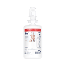 A bottle of Tork 424709 Antimicrobial Liquid Soap, enriched with plant-based ingredients, shows a diagram of washing hands, features a pump dispenser, and has a product volume of 1000 ml. The white bottle is decorated with red and blue text and graphics.