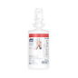 A bottle of Tork 424709 Antimicrobial Liquid Soap, enriched with plant-based ingredients, shows a diagram of washing hands, features a pump dispenser, and has a product volume of 1000 ml. The white bottle is decorated with red and blue text and graphics.