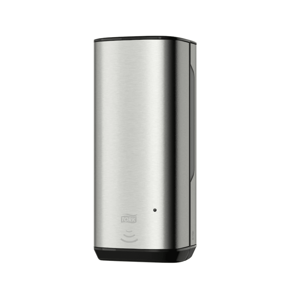 We present the Tork 460009 Skincare Dispenser with Intuition Sensor from the Image Line S4. This dispenser features an elegant, modern design with a stainless steel surface and an advanced Intuition Sensor. It has a practical sensor display on the front and a black base, making it ideal for commercial and private environments. Presented by TORK, part of Essity Professional Hygiene Germany GmbH.