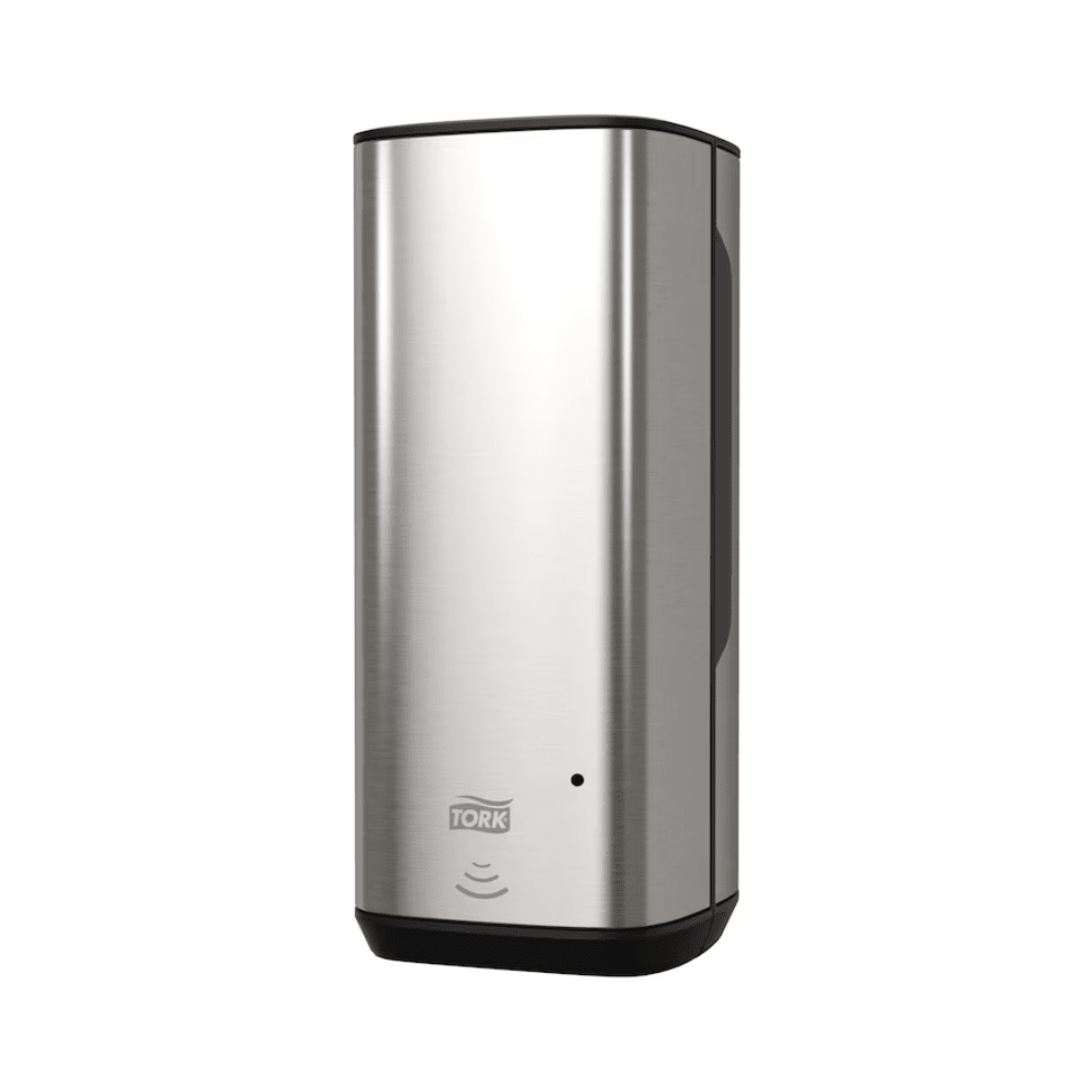We present the Tork 460009 Skincare Dispenser, a sophisticated automatic soap dispenser with a stainless steel look and black accents. It is equipped with an Intuition Sensor for touch-free convenience and displays the wave symbol to highlight hands-free operation. This elegant stainless steel design with the brand name "TORK" from Essity Professional Hygiene Germany GmbH on the front enhances any environment.
