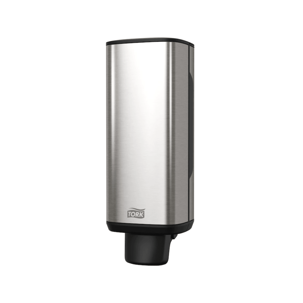 The Tork 460010 dispenser for soap and hand sanitizers from TORK – Essity Professional Hygiene Germany GmbH features a sleek, rectangular stainless steel design with a refined black nozzle at the bottom and the "Tork" logo near the base. Its modern aesthetic stands out beautifully against a white background, making it perfect for dispensing soap and hand sanitizers.