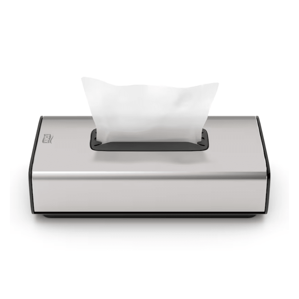 We present the Tork 460013 dispenser for cosmetic tissues Image Line F1 from Essity Professional Hygiene Germany GmbH. This elegant silver tissue dispenser features a modern rectangular design with a stainless steel design finish. It has a single sheet dispensing function, allowing a white tissue to be partially pulled out from the top opening, and its minimalist appearance makes it ideal for cosmetic tissues.