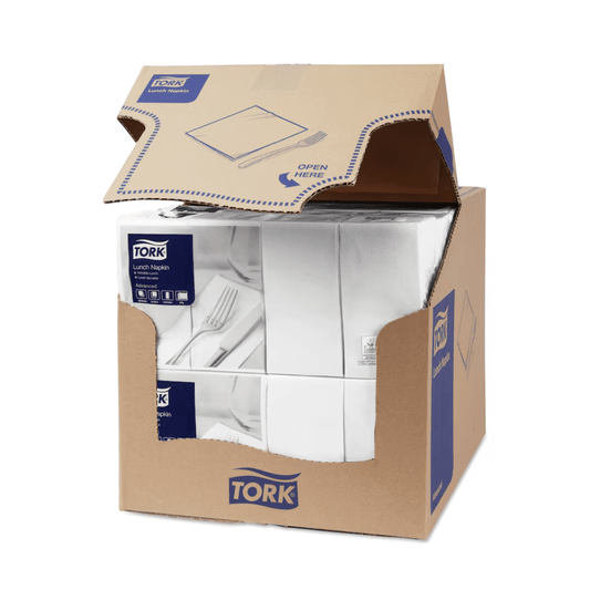A cardboard box featuring the Tork logo and images of a napkin and a fork, containing Tork 477402 White Lunch Napkins, 1/8-fold, 2-ply. The partially visible industrially compostable napkins are packaged in boxes of 10 each.