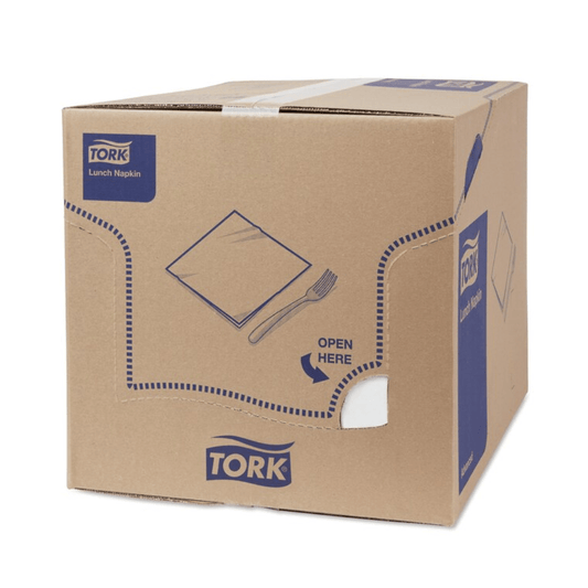 Box labeled “Tork 477402 White Lunch Napkins, 1/8-fold, 2-ply | Box (10 packs)” by TORK – Essity Professional Hygiene Germany GmbH, featuring images of a napkin and a set of cutlery. Perforated lines indicate where to open the package, which is sealed with white adhesive tape. These industrially compostable napkins offer convenience and sustainability with every use.
