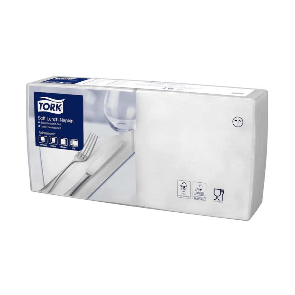 The packaging of Tork 477414 Soft Lunch Napkins White Advanced 3-ply | Carton (10 packs) shows a neatly folded napkin with cutlery and draws attention to its three-ply design. The product details highlight the advanced softness and the certifications for FSC and food contact safety, confirming that these napkins are industrially compostable.