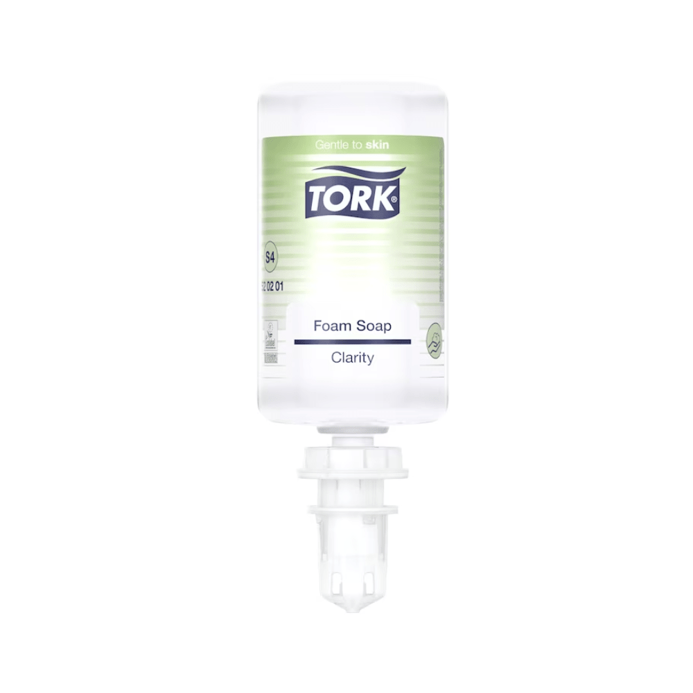 A bottle of Tork 520201 Pure Hand Foam Soap Premium S4 (1000 ml) from TORK – Essity is pictured upside down, with a green-white label displaying the product information "Gentle on Skin", "Hand Hygiene", and "Biodegradable".