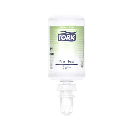 A bottle of Tork 520201 Pure Hand Foam Soap Premium S4 (1000 ml) from TORK – Essity is pictured upside down, with a green-white label displaying the product information "Gentle on Skin", "Hand Hygiene", and "Biodegradable".