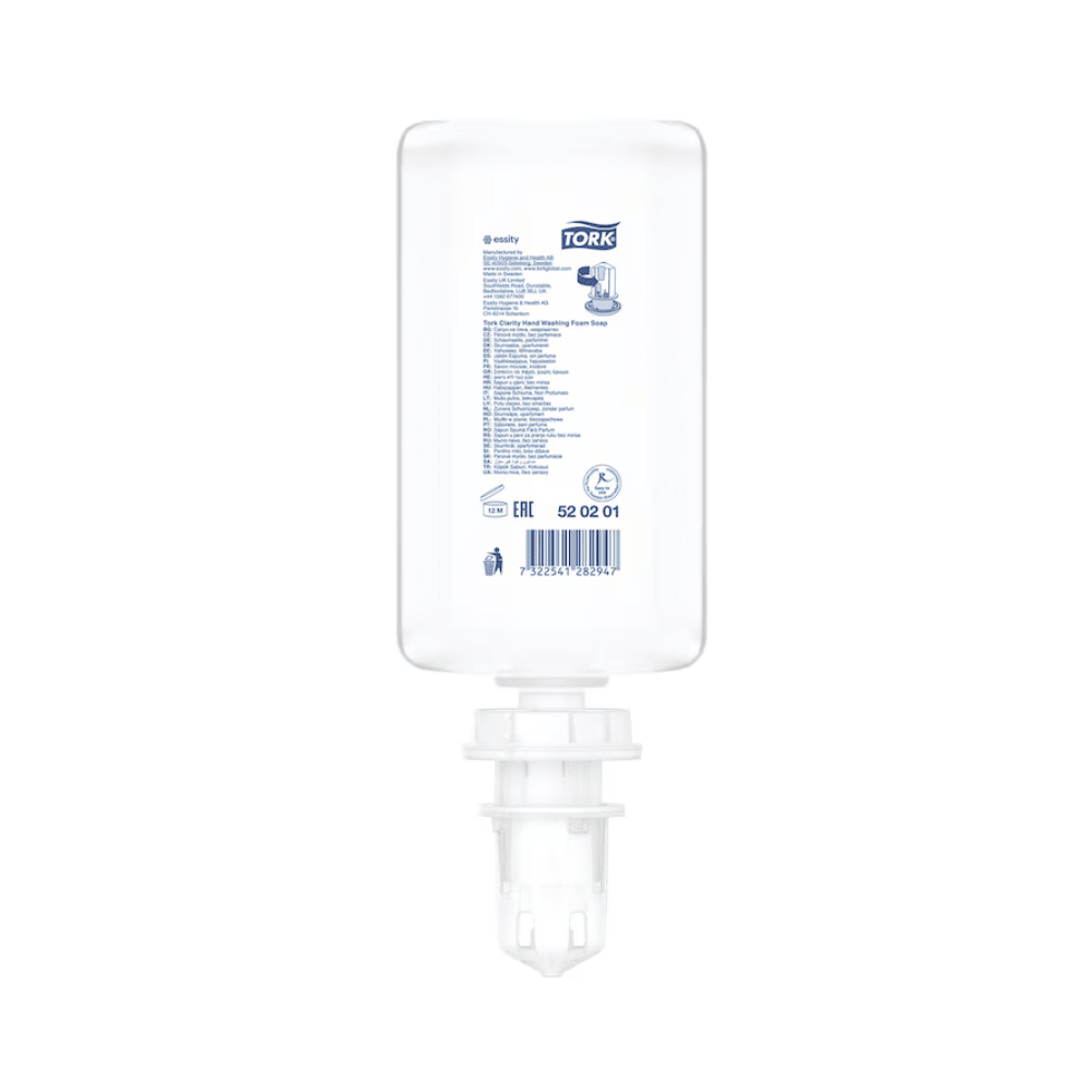 A refill bottle of Tork 520201 Pure Hand Foam Soap Premium S4 (1000 ml) from TORK – Essity is pictured upside down on a white background, with a visible barcode and a label emphasizing hand hygiene and natural ingredients.